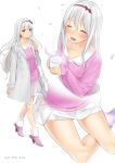  1girl 2017 alternate_costume ama_mitsuki blush casual cherry_blossoms closed_eyes coat commentary_request contemporary dated from_above full_body high_heels kantai_collection lips long_hair looking_at_viewer miniskirt open_mouth petals pink_shoes pink_sweater pleated_skirt ribbed_sweater shoes shoukaku_(kantai_collection) sitting skirt sleeves_past_wrists sweater upper_body white_hair winter_clothes winter_coat yellow_eyes 