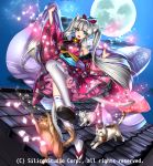  1girl animal_ears bell bell_collar bow cat cat_ears cat_tail collar company_name full_body green_eyes grey_hair gyakushuu_no_fantasica japanese_clothes long_hair moon night official_art open_mouth petals ryuki@maguro-ex sandals solo tail thigh-highs twintails 