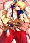  1boy arabian_clothes armor bare_shoulders beads blonde_hair chietori cropped_vest earrings fate/grand_order fate_(series) gilgamesh gilgamesh_(caster)_(fate) gloves hat jewelry looking_at_viewer lying male_focus pectorals red_eyes seductive_smile shirtless short_hair smile solo tattoo 