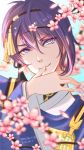  1boy blue_eyes blue_hair blurry branch cherry_blossoms depth_of_field japanese_clothes male_focus mikazuki_munechika petals sayagata smile touken_ranbu upper_body zdl_xiaobai 