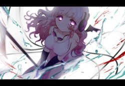  1girl bat_wings blood blood_on_face blood_splatter breasts cleavage gloves goggles goggles_around_neck headphones long_hair mahou_shoujo_ikusei_keikaku mahou_shoujo_ikusei_keikaku_unmarked naginata pink_eyes pink_hair polearm solo swim_swim swimsuit water weapon wings zonsters 