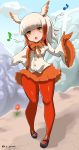  1girl buttons clouds crested_ibis_(kemono_friends) eyebrows_visible_through_hair flower frilled_sleeves frills fur_trim haku_hakujou_daimaou hand_on_own_chest head_wings highres kemono_friends long_sleeves mary_janes mountain multicolored_hair music musical_note pantyhose pleated_skirt red_legwear redhead shirt shoes short_hair signature singing skirt sky solo white_hair white_shirt wide_hips yellow_eyes 