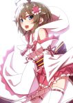  1girl akazukin_(mary_skelter) alternate_costume bare_shoulders blush brown_hair coat detached_sleeves fur_trim green_eyes hair_ornament mary_skelter mizunashi_(second_run) nontraditional_miko open_mouth ribbon_trim short_hair smile solo wide_sleeves 