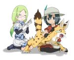  ^_^ animal animalization black_gloves camouflage closed_eyes commentary_request glasses gloves green_hair injection kaban kemono_friends mirai_(kemono_friends) needle raya rubber_gloves scared serval serval_(kemono_friends) tears truth white_gloves 