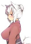  1girl :o alternate_costume animal_ears blush breasts commentary hair_bun highres inubashiri_momiji japanese_clothes kimono large_breasts looking_at_viewer obi parted_lips profile sash shishi_juuroku short_hair solo tail thick_eyebrows touhou violet_eyes white_hair wolf_ears wolf_tail 