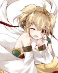  1girl anchira_(granblue_fantasy) antenna_hair bare_shoulders blonde_hair blush detached_sleeves eyebrows_visible_through_hair granblue_fantasy hair_between_eyes kanari_no_binetsu one_eye_closed open_mouth simple_background solo tears two_side_up upper_body white_background wiping_tears 