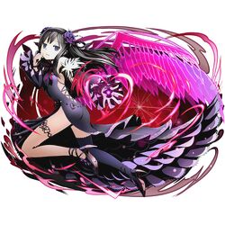  1girl akuma_homura ass asymmetrical_legwear black_dress black_hair black_hairband black_legwear detached_sleeves divine_gate dress floating_hair flower full_body hair_flower hair_ornament hairband high_heels long_hair looking_at_viewer mahou_shoujo_madoka_magica official_art open-back_dress purple_flower sleeveless sleeveless_dress solo thigh-highs thigh_strap transparent_background ucmm violet_eyes 