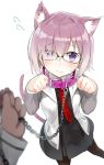  1girl animal_ears black_dress black_legwear blush cat_ears cat_tail chains collar dress fate/grand_order fate_(series) flying_sweatdrops glasses hair_over_one_eye highres jacket leash long_sleeves looking_at_viewer mamehamu necktie pantyhose paw_pose purple_hair shielder_(fate/grand_order) short_hair simple_background tail violet_eyes white_background 