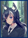  1girl animal_ears bangs black_hair blue_border blue_eyes blurry blurry_background bokeh bonkiru breasts collared_shirt depth_of_field dress_shirt eyebrows eyebrows_visible_through_hair eyelashes forest grey_wolf_(kemono_friends) hair_between_eyes heterochromia highres kemono_friends lips long_hair long_sleeves looking_at_viewer medium_breasts multicolored_hair nature necktie pink_lips portrait shirt smile solo tree tsurime two-tone_hair upper_body white_border white_hair white_shirt wing_collar wolf_ears yellow_eyes 