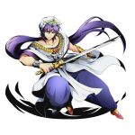  1boy bracelet brown_eyes collarbone divine_gate earrings full_body holding holding_sword holding_weapon jewelry long_hair looking_at_viewer magi_the_labyrinth_of_magic official_art ponytail purple_hair sheath sinbad_(magi) smile solo sword transparent_background ucmm unsheathed very_long_hair weapon 