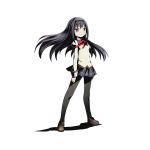  1girl akemi_homura black_hair black_hairband black_legwear black_skirt blue_eyes bow bowtie clenched_hands divine_gate floating_hair full_body hairband long_hair looking_at_viewer mahou_shoujo_madoka_magica miniskirt official_art pantyhose pleated_skirt red_bow school_uniform shadow skirt solo standing transparent_background ucmm 