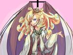  1girl blonde_hair coatifan curly_hair finger_to_face heterochromia highres index_finger_raised long_hair mahou_shoujo_ikusei_keikaku mahou_shoujo_ikusei_keikaku_aces mahou_shoujo_ikusei_keikaku_queens older puk_puck smirk solo veil 