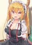 1girl :d breast_hold breasts cleavage dragon_girl dragon_horns dragon_tail dragontail fang gloves highres horns kobayashi-san_chi_no_maidragon large_breasts long_hair looking_at_viewer maid maid_headdress ntk_(7t5) open_mouth red_eyes slit_pupils smile solo tail tooru_(maidragon) twintails white_gloves 