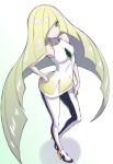  1girl bare_shoulders blonde_hair green_eyes hair_over_one_eye hand_on_hip highres long_hair looking_at_viewer lusamine_(pokemon) pokemon pokemon_(game) pokemon_sm smile solo sweater_vest very_long_hair yamada_gogogo 