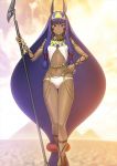  1girl absurdly_long_hair animal_ears breasts dark_skin earrings fate/grand_order fate_(series) hair_between_eyes hand_on_hip headband holding holding_staff jewelry long_hair looking_at_viewer low-tied_long_hair midriff navel nitocris_(fate/grand_order) panties purple_hair shima_udon sleeveless small_breasts smile solo staff standing stomach underwear very_long_hair violet_eyes white_panties 