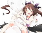  1girl abe_suke black_wings blush body_pillow brown_hair cake checkered closed_eyes dreaming drooling food himekaidou_hatate open_mouth slice_of_cake solo spoken_food tank_top thought_bubble touhou twintails wavy_mouth wings 