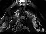  2girls battle clantail coatifan dark dragon elf glowing glowing_eyes greyscale halo highres mahou_shoujo_ikusei_keikaku mahou_shoujo_ikusei_keikaku_restart melville monochrome multiple_girls one_knee pointy_ears underground 