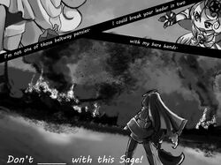  1girl battle coatifan english fire greyscale highres mahou_shoujo_ikusei_keikaku mahou_shoujo_ikusei_keikaku_queens monochrome puk_puck rock solo tree veil 