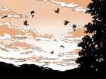  bird clouds gradient_sky hill mitsumoto_jouji monochrome no_humans silhouette sky touhou tree 