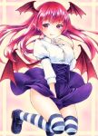  1girl arm_garter bangs belt black_shoes blouse breasts buttons demon_wings funnyfunny head_wings high-waist_skirt highres juliet_sleeves koakuma long_hair long_sleeves marker_(medium) medium_breasts meme_attire mixed_media over-kneehighs pointy_ears puffy_sleeves purple_skirt red_eyes redhead shiny shiny_hair shoes skirt skirt_tug solo striped striped_legwear thigh-highs thighs tongue tongue_out touhou traditional_media virgin_killer_outfit white_blouse wings 
