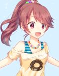  1girl blush brown_eyes brown_hair clothes_writing doughnut food hair_ornament idolmaster idolmaster_cinderella_girls jewelry long_hair necklace off_shoulder open_mouth out_of_frame ponytail shiina_noriko simple_background smile solo suzuaki_(angelic-sh) 