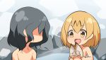  2girls animal_ears bathing black_hair blonde_hair cat_ears gochiwa highres kaban kemono_friends multicolored_hair multiple_girls nude onsen open_mouth outdoors rock serval_(kemono_friends) serval_ears serval_print short_hair smile steam two-tone_hair water 