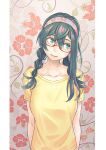  1girl alternate_costume alternate_hairstyle arms_behind_back black_hair braid casual collarbone floral_background floral_print glasses green_eyes hair_between_eyes hair_over_shoulder hairband head_tilt kantai_collection long_hair looking_to_the_side ooyodo_(kantai_collection) red-framed_eyewear semi-rimless_glasses shirt short_sleeves smile solo twin_braids under-rim_glasses upper_body yuuji_(and) 