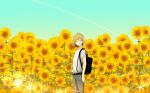  1boy 2017 ^_^ backpack bag blonde_hair blue_sky closed_eyes dated day flower grin happy_birthday kou_(coo00) male_focus sky smile sparkle sunflower twitter_username yuri!!!_on_ice yuri_plisetsky 