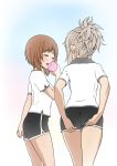  2girls adjusting_clothes adjusting_shorts alternate_hairstyle bangs black_shorts black_towel blue_eyes brown_hair closed_eyes closed_mouth cowboy_shot from_behind girls_und_panzer gym_shirt gym_uniform hair_up holding_towel iron_cross itsumi_erika looking_at_another multiple_girls nishizumi_miho open_mouth pink_towel shirt short_hair short_ponytail short_shorts short_sleeves shorts silver_hair simple_background smile standing t-shirt thigh_gap towel towel_around_neck wata_do_chinkuru wedgie white_background 