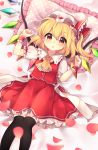  1girl :o ascot bangs bed_sheet black_legwear blonde_hair blush breasts buttons clenched_hands commentary_request crystal eyebrows_visible_through_hair flandre_scarlet frilled_ascot frilled_cuffs frilled_ribbon frilled_shirt_collar frilled_skirt frills from_above hair_between_eyes hat hat_ribbon highres looking_at_viewer lying mob_cap on_back on_bed one_side_up open_mouth orange_eyes petals pillow polka_dot polka_dot_pillow puffy_short_sleeves puffy_sleeves red_ribbon red_skirt red_vest ribbon ruhika shirt short_hair short_sleeves skirt skirt_set small_breasts solo thigh-highs touhou vest white_hat white_shirt wings wrist_cuffs yellow_ascot zettai_ryouiki 