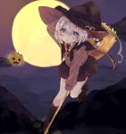  1girl black_legwear black_skirt blush braid broom broom_riding brown_shoes cape collared_shirt d: eyebrows_visible_through_hair full_body full_moon halloween hat highres holding jack-o&#039;-lantern kanari_no_binetsu kneehighs leg_up loafers long_sleeves moon necktie night open_mouth original outdoors outstretched_arm pleated_skirt purple_hair red_necktie shirt shoes short_necktie silver_hair skirt solo wing_collar witch witch_hat 