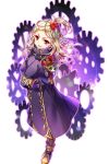  1girl blonde_hair bow brown_legwear cat full_body gears gl_ztoh green_eyes hair_bow hair_ornament hat hat_ornament highres holding_cat long_hair looking_at_viewer official_art open_mouth pantyhose pink_eyes ponytail presty_(soccer_spirits) purple_robe purple_shoes red_bow red_hat shoes soccer_spirits solo standing 