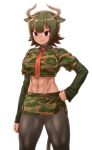  &gt;:) 1girl abs absurdres animal_ears arm_at_side aurochs_(kemono_friends) backlighting bangs black_legwear breasts brown_eyes brown_hair camouflage camouflage_shirt camouflage_skirt clenched_hand closed_mouth collared_shirt cow_ears cow_girl cow_horns cow_tail cowboy_shot dark_skin eyebrows_visible_through_hair eyelashes gradient_hair green_hair green_shirt green_skirt hand_on_hip highres horns itou_yuuji kemono_friends large_breasts layered_clothing legs_apart long_sleeves looking_at_viewer midriff multicolored_hair navel necktie orange_necktie pantyhose shiny shiny_hair shiny_skin shirt short_hair short_sleeves side_slit simple_background skirt smile smirk solo standing stomach tail thick_thighs thighs toned tsurime white_background 