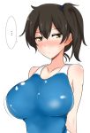  1girl alternate_costume arms_at_sides bare_arms bare_shoulders black_hair blue_swimsuit blush breasts brown_eyes closed_mouth collarbone erect_nipples frown hair_between_eyes kaga_(kantai_collection) kantai_collection large_breasts looking_at_viewer nose_blush one-piece_swimsuit poshi_(ginmokusei) side_ponytail solo swimsuit upper_body 