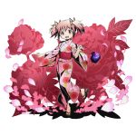  1girl cherry_blossoms divine_gate full_body hair_ribbon japanese_clothes kaname_madoka kimono looking_at_viewer mahou_shoujo_madoka_magica official_art one_leg_raised open_mouth pink_flower pink_hair pink_kimono red_eyes red_ribbon ribbon sash shadow short_hair short_twintails solo standing transparent_background twintails ucmm yukata 