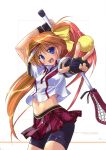  1girl :d absurdres arm_up ball bike_shorts black_gloves blue_eyes cowboy_shot fingerless_gloves gloves hair_ribbon high_ponytail highres holding holding_ball itagaki_natsumi komatsu_eiji konami long_hair looking_at_viewer mankai_princess midriff navel open_mouth orange_hair outstretched_arm pleated_skirt red_skirt ribbon shirt short_shorts short_sleeves shorts shorts_under_skirt simple_background skirt smile solo standing stomach very_long_hair visor_cap white_background white_shirt yellow_ribbon 