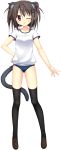  1girl ;q absurdres animal_ears black_legwear brown_hair buruma cat_ears cat_tail double_bun full_body gym_uniform hand_on_hip highres hoshikoi_tinkle korie_riko loafers looking_at_viewer narusegawa_nagi official_art one_eye_closed shoes short_hair short_sleeves solo tail thigh-highs tongue tongue_out transparent_background 