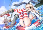  1girl ass blonde_hair blue_skirt blush boots breasts eating elbow_gloves eyebrows_visible_through_hair food gloves holding holding_food innertube kantai_collection long_hair looking_at_viewer medium_breasts open_mouth popsicle rensouhou-chan shimakaze_(kantai_collection) shungikuten skirt smile striped striped_legwear under_boob water 
