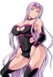  1girl armpits bare_shoulders black_legwear black_panties breasts cleavage covered_navel cowboy_shot curvy detached_sleeves facial_mark fate/stay_night fate_(series) forehead_mark garter_straps gloves kumoi_takashi large_breasts long_hair looking_at_viewer panties purple_hair rider solo standing thigh-highs underwear very_long_hair violet_eyes 