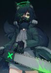  1girl animal_ears black_background black_gloves black_hair black_scarf chainsaw coat cowboy_shot dress fox_ears fox_girl fox_tail fur_trim gas_mask gloves green_eyes grey_sweater hair_ornament hair_over_one_eye long_sleeves muryou original scarf solo sweater sweater_dress tail x_hair_ornament 