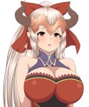  1girl aliza_(granblue_fantasy) bare_arms bare_shoulders blush bow breasts cleavage doraf earrings granblue_fantasy hair_bow headpiece horns impossible_clothes jewelry large_breasts long_hair looking_at_viewer nanashi_maru parted_lips pointy_ears ponytail red_bow red_eyes silver_hair solo upper_body 