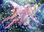  1girl absurdres black_legwear blonde_hair blood boots brown_eyes cape detached_sleeves fate/kaleid_liner_prisma_illya fate_(series) feathers field flower flower_field from_above gloves hair_feathers highres illyasviel_von_einzbern long_hair looking_at_viewer lying magical_girl magical_ruby on_back pink_boots pink_feather prisma_illya skirt solo thigh-highs torn_boots torn_clothes torn_skirt torn_thighhighs ushijima_nozomi white_gloves white_skirt 