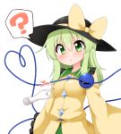  1girl ? blush bow breast_poke breasts eyeball green_eyes green_hair hat hat_bow hat_ribbon heart heart_of_string komeiji_koishi long_hair long_sleeves poking ribbon shirt skirt small_breasts suwa_yasai third_eye touhou wide_sleeves 