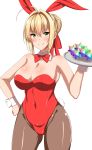 1girl ahoge animal_ears bare_shoulders blonde_hair blush bow bowtie breasts brown_legwear bunny_tail bunnysuit cleavage covered_navel cowboy_shot crystal detached_collar facing_viewer fate/extra fate_(series) green_eyes hair_bun hair_ribbon large_breasts leotard long_hair looking_at_viewer pantyhose rabbit_ears red_bow red_bowtie red_leotard red_ribbon ribbon saber_extra simple_background smile solo strapless strapless_leotard tail tray white_background wonawo wrist_cuffs 