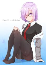  1girl black-framed_eyewear black_dress black_legwear copyright_name dress fate/grand_order fate_(series) fukemachi glasses gradient gradient_background hair_over_one_eye highres jacket looking_at_viewer necktie off_shoulder pantyhose purple_hair shielder_(fate/grand_order) short_hair smile solo violet_eyes 