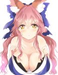  1girl :t animal_ears bell bell_collar blush breasts collar detached_sleeves fate/extra fate_(series) fox_ears fox_tail hair_between_eyes hair_ribbon hand_on_own_chest haru_(nature_life) japanese_clothes large_breasts long_hair looking_at_viewer pink_hair pout ribbon solo tail tamamo_(fate)_(all) tamamo_no_mae_(fate) upper_body yellow_eyes 