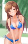  1girl bangs bare_arms bare_shoulders bikini blue_bikini blue_ribbon blurry blurry_background breasts bright_pupils brown_eyes brown_hair cleavage closed_mouth collarbone cowboy_shot eyebrows_visible_through_hair head_tilt highres idolmaster long_hair looking_at_viewer medium_breasts navel nitta_minami pink_lips ribbon smile solo stomach straight_hair swept_bangs swimsuit takahirokun tareme 