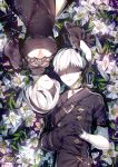  1boy 1girl android blindfold breasts choker cleavage cleavage_cutout dress flower gloves juliet_sleeves leaf long_sleeves lying maokezi nier_(series) nier_automata on_back puffy_sleeves ripples water white_flower white_hair yorha_no._2_type_b yorha_no._9_type_s 