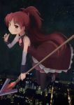  1girl black_legwear dress eating eyebrows_visible_through_hair food highres holding holding_spear holding_weapon looking_at_viewer mahou_shoujo_madoka_magica okayparium pocky polearm ponytail red_dress redhead sakura_kyouko solo spear thigh-highs weapon yellow_eyes 