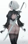  1girl absurdres ass black_gloves black_legwear blindfold bob_cut boots from_behind gloves gradient gradient_background hairband highres huge_filesize juliet_sleeves leotard long_sleeves mole mole_under_mouth nier_(series) nier_automata puffy_sleeves short_hair shoulder_blades silver_hair simple_background solo sword thigh-highs thigh_boots weapon yohan1754 yorha_no._2_type_b 